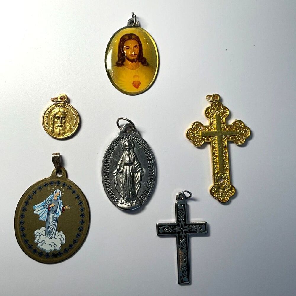6 vintage religious medals; crosses Jesus, Mary beautiful medals